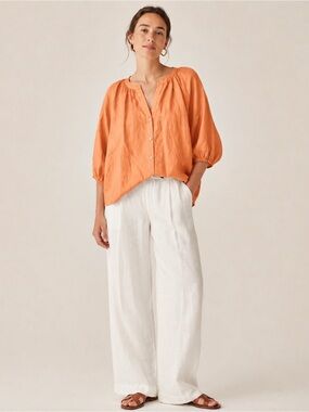 NWOT Repeat Woman Orange 100% Linen Relax Fit Puff Sleeve Blouse SMALL Classic